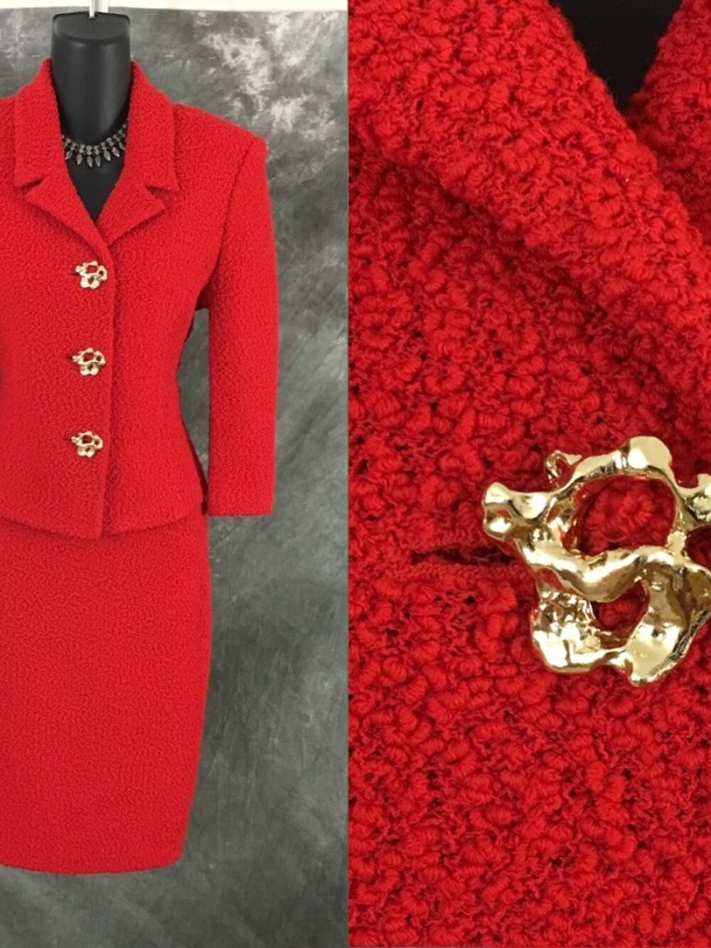 BEAUTIFUL St John couture knit red jacket skirt suit size 2 4